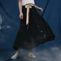 Juwas Black Ribbon Button Up Maxi Skirt