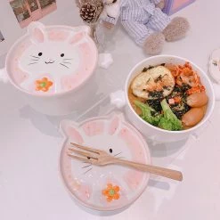 Juwas Kawaii Pink Rabbit Bowl With Cover Plate