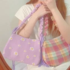 Juwas Lavender Daisy And Checkered Print Shoulder Bag