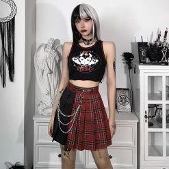Juwas Gothic Streetwear Red Plaid Patchwork Pleated Mini Skirt CLOTHING
