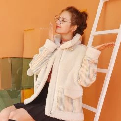 Juwas NEW ARRIVAL Kawaii Rainbow Sleeve Stripes Winter Fuzzy Coat