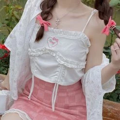 Juwas Floral Love Heart Embroidery Ruffle Tops NEW ARRIVAL