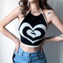 Juwas Black Heart Knitted Backless Halter Top