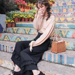 Juwas.com Online Store Special Dark High-waisted Japanese Flounce Detail Corset Wide-leg Pants