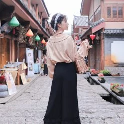 Juwas.com Online Store Special Dark High-waisted Japanese Flounce Detail Corset Wide-leg Pants