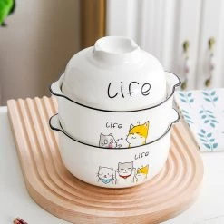 Juwas Cute Cartoon Kitties Print Ceramic Noodle Bowl Set