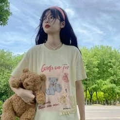 Juwas Vintage Teddy Bear Print Cotton T-shirt NEW ARRIVAL