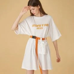 Juwas NEW ARRIVAL Letters Printed Loose T-shirt With Belt And Pocket