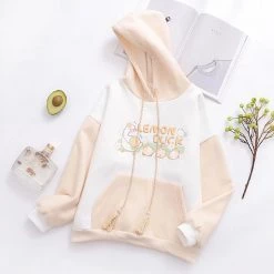 Juwas Cute Lemon Duck Print Pocket Hoodie