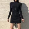 Juwas Gothic Black Lace Up Bodycon Dress