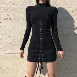 Juwas Gothic Black Lace Up Bodycon Dress