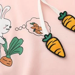 Juwas Cute Cartoon Rabbit Carrot Print Lace Up Hoodie CLOTHING