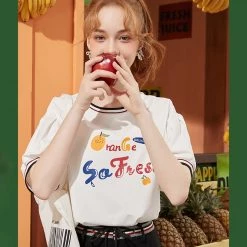 Juwas NEW ARRIVAL “Orange So Fresh” Letters Print Cotton T-shirt