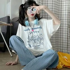 Juwas Summer Bear Letter Print Round Collar T-shirt