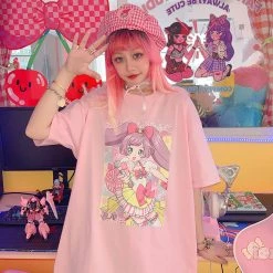 Juwas Sweet Animal Girl Print Loose Pink T-shirt