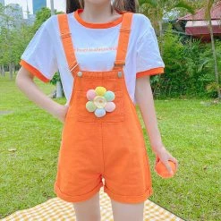 Juwas Flower Pocket Orange Denim Overalls CLOTHING
