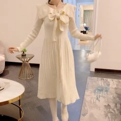 Juwas NEW ARRIVAL Sailor Collar Bowknot Long Knitted Dress