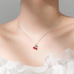 Juwas Sweet Red Cherry Pendant Silver Necklace Fashion & Beauty