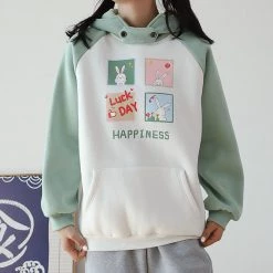 Juwas Cartoon Rabbit Letter Print Pocket Hoodie