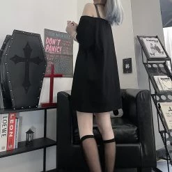 Juwas Gothic Letters Rose Print Off-The-Shoulder Long T-shirt NEW ARRIVAL