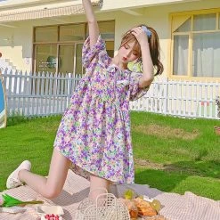 Juwas NEW ARRIVAL Lavender Print Lace Collar Short Baby Doll Dress