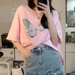 Juwas Butterfly Print Round Collar T-shirt NEW ARRIVAL