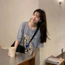 Juwas Vintage Bear Embroidery Loose Cotton T-shirt