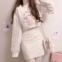 Juwas Bunny Embroidery Warm Sweater Skirt