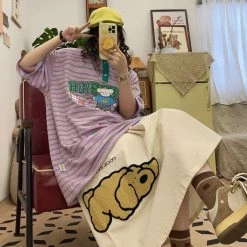 Juwas Vintage Cartoon Embroidery Stripe Loose T-shirt