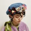 Juwas Vintage Bear Bowknot Flower Embroidery Denim Beret CLOTHING