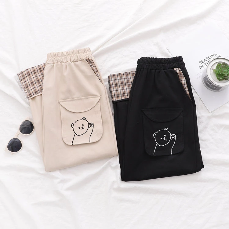 Juwas NEW ARRIVAL Kawaii Bear Folded Plaid Jogging Pants 5 Juwas NEW ARRIVAL Kawaii Bear Folded Plaid Jogging Pants