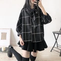 Juwas NEW ARRIVAL Square Pattern Black Ruffle Blouse Shirt