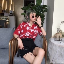 Juwas Vintage Flowers Print Button Up Loose Shirt