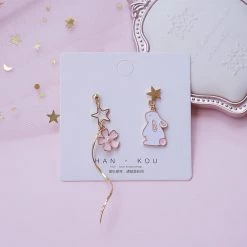 Juwas Kawaii Rabbit And Sakura Stars Irregular Ear Danglers Fashion & Beauty