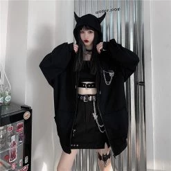 Juwas Goth Black Devil Horns Oversize Jacket