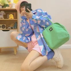 Juwas Chic Pastel Blue Printed Button Up Loose Shirt