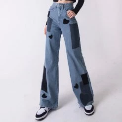 Juwas NEW ARRIVAL Vintage Hearts Patch Faded Denim Pants