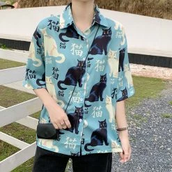 Juwas Japanese Cat Print Loose Shirt NEW ARRIVAL