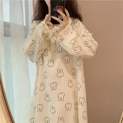 Juwas CLOTHING Lovely Rabbit Print Comfy Cotton Long Pajamas Dress