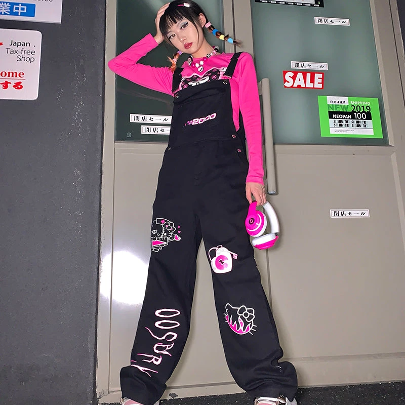Juwas Retro Punk Kitty Print Oversize Overalls NEW ARRIVAL 3 Juwas Retro Punk Kitty Print Oversize Overalls NEW ARRIVAL