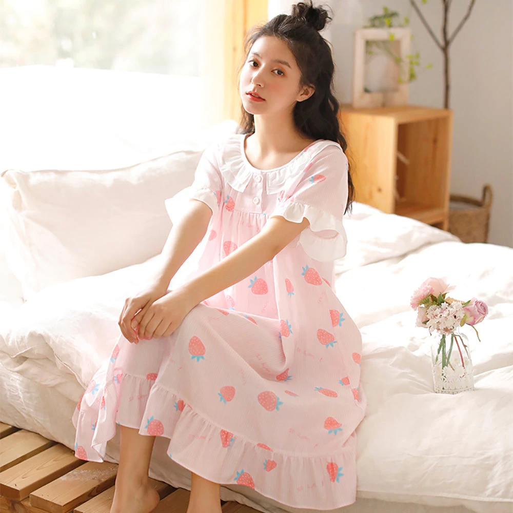 Juwas Sweet Strawberry Cotton Sheer Nightgown- Pink And Blue 4 Juwas Sweet Strawberry Cotton Sheer Nightgown- Pink And Blue