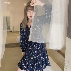 Juwas CLOTHING Vintage Floral V-Neck Short Dress