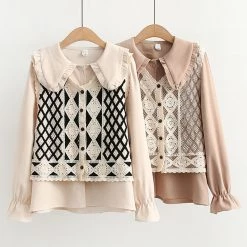 Juwas Doll Collar Vintage Shirt Vest Set