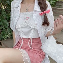 Juwas Floral Love Heart Embroidery Ruffle Tops NEW ARRIVAL