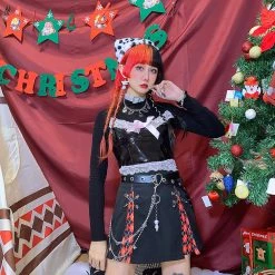 Juwas NEW ARRIVAL Gothic Red Diamond Checkered Chain Mini Skirt