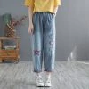 Juwas Retro Embroidery Elastic Waist Cropped Jeans NEW ARRIVAL