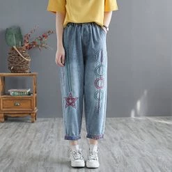 Juwas Retro Embroidery Elastic Waist Cropped Jeans NEW ARRIVAL