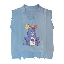 Juwas Bear Print V-neck Vest Sweater
