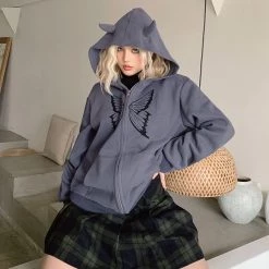 Juwas Butterfly Print Zip Up Little Devil Hoodie