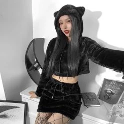 Juwas Gothic Faux Fur Hoodie Crop Top And Mini Skirt Set CLOTHING